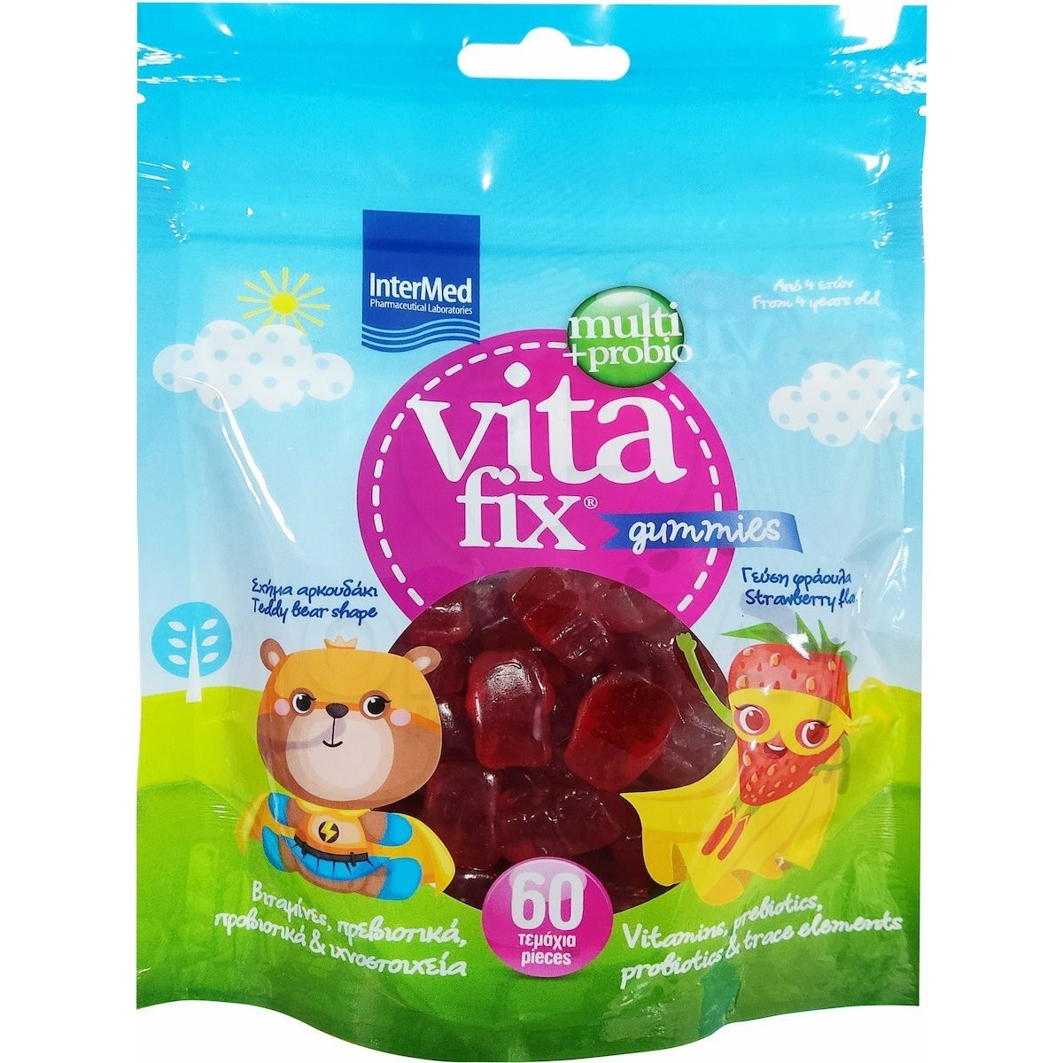 INTERMED Vitafix Multi+Probio Gummies Ζελεδάκια σε Σακουλάκι με Γεύση  Φράουλα από 4 Ετών 60τμχ