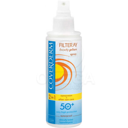 COVERDERM Filteray Body Plus Spray SPF50+ Αδιάβροχο Αντηλιακό Spray σώματος  &amp; After Sun, για 2 τύπους Ακτινοβολίας UVA, UVB