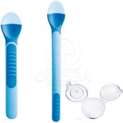 MAM Heat Sensitive Spoons &amp; Cover - Θερμοευαίσθητα Κουταλάκια με  Προστατευτικό Καπάκι, Για Μωρά 6+ Μηνών Μπλε Χρώμα, 2τμχ